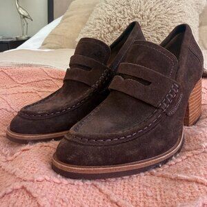 Kork-Ease High Heel Loafer in Dark Brown Suede